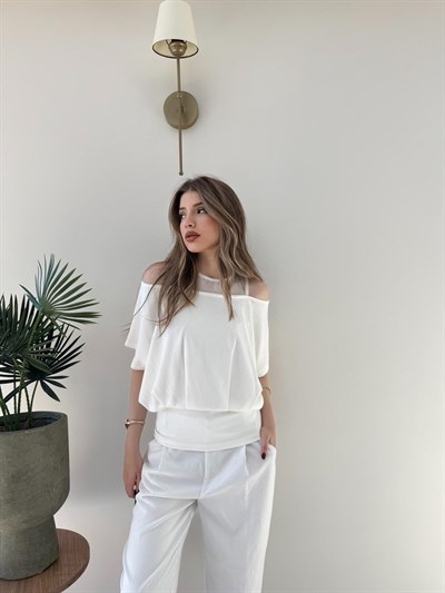 Yaka Detay Bel Drape Modal Tişört Beyaz 2252
