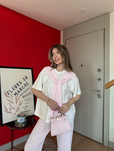 Yaka Fular Detay Tişört ve Pantolonlu Çizgili Suyolu İkili Takım Pembe 2155