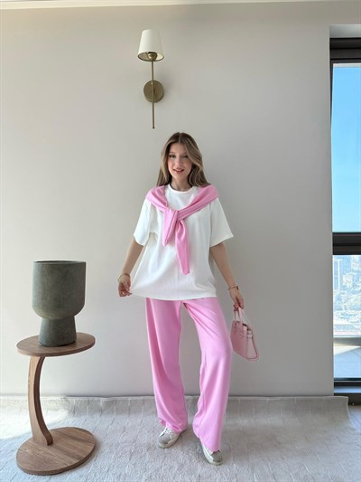 Yaka Fular Detay Tişört ve Pantolonlu Modal Kumaş İkili Takım Pembe 2140
