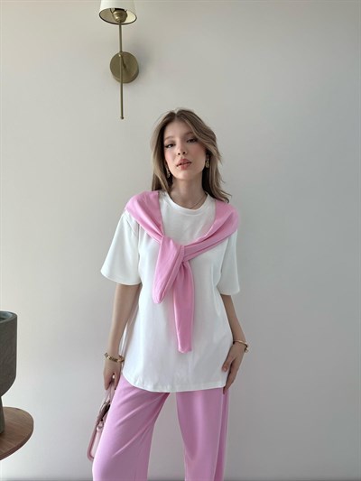 Yaka Fular Detay Tişört ve Pantolonlu Modal Kumaş İkili Takım Pembe 2140