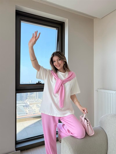 Yaka Fular Detay Tişört ve Pantolonlu Modal Kumaş İkili Takım Pembe 2140