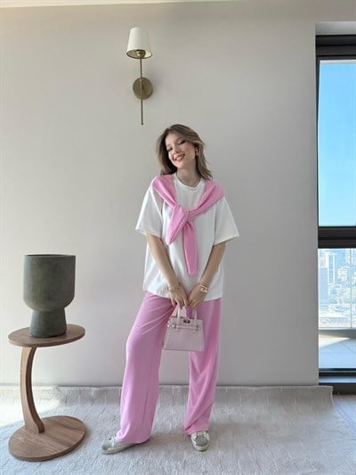 Yaka Fular Detay Tişört ve Pantolonlu Modal Kumaş İkili Takım Pembe 2140