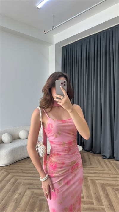 Yaka Fular Detay Tül Astarlı Askılı Elbise Pembe 2382