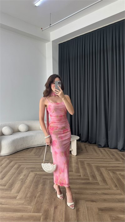 Yaka Fular Detay Tül Astarlı Askılı Elbise Pembe 2382