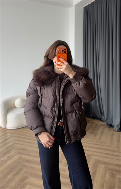 Yaka Kürk Detay Şişme Mont Acı Kahve 2534