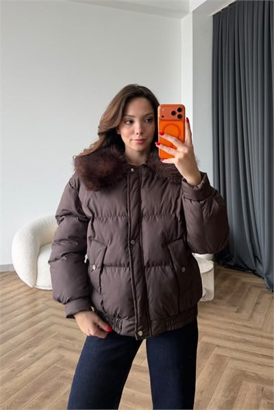 Yaka Kürk Detay Şişme Mont Acı Kahve 2534
