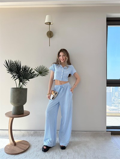 Yakalı Düğme Detay Crop ve Pantolonlu İkili Takım Bebe Mavi 2138