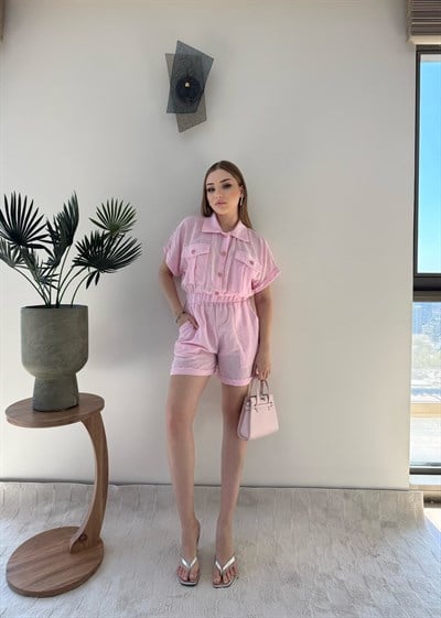 Yakalı Düğme Detay Şortlu Keten Tulum Pembe 2353