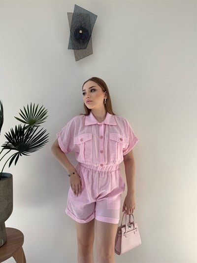 Yakalı Düğme Detay Şortlu Keten Tulum Pembe 2353