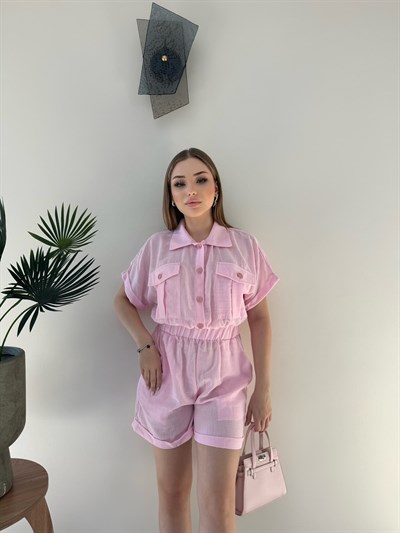 Yakalı Düğme Detay Şortlu Keten Tulum Pembe 2353