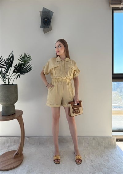 Yakalı Düğme Detay Şortlu Keten Tulum Hardal 2353
