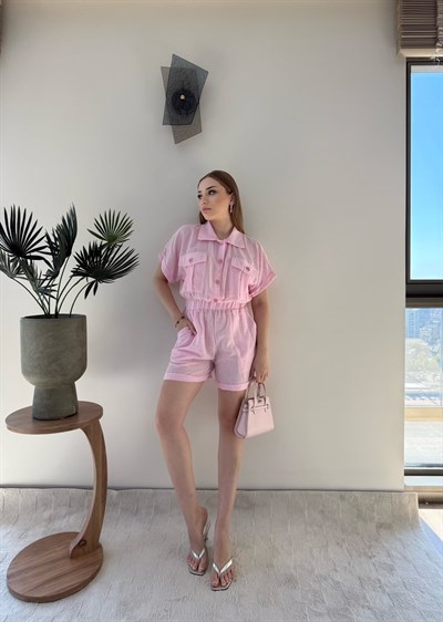 Yakalı Düğme Detay Şortlu Keten Tulum Pembe 2353