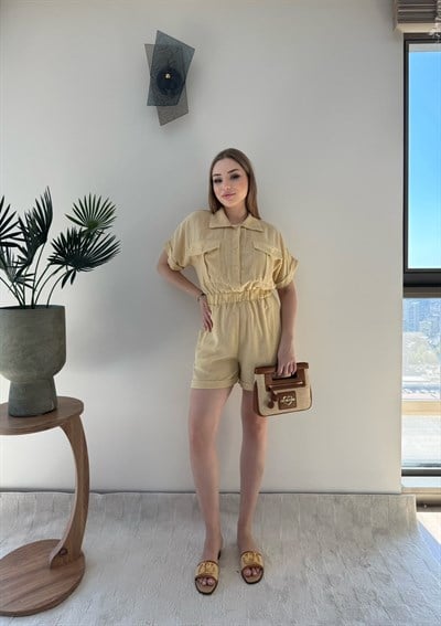 Yakalı Düğme Detay Şortlu Keten Tulum Hardal 2353