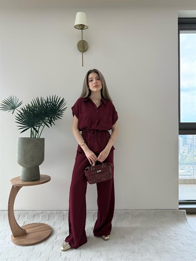 Yakalı Düğme ve Bel Bağlama Detay Hırka ve Pantolonlu Keten İkili Takım Bordo 2224