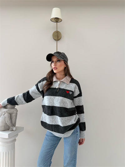 YAKALI KALP NAKIŞ DETAY ÇİZGİLİ SALAŞ KAZAK ANTRASİT 2005