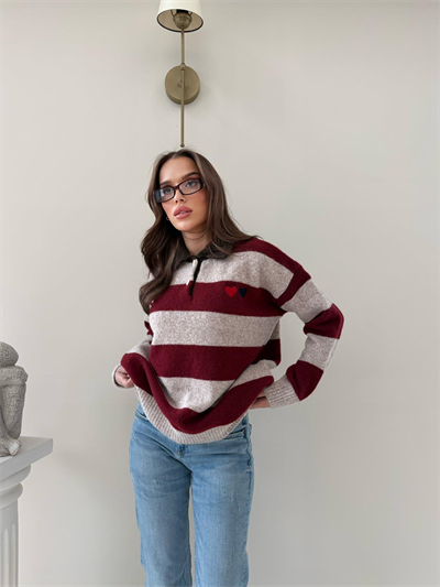 YAKALI KALP NAKIŞ DETAY ÇİZGİLİ SALAŞ KAZAK BORDO 2005