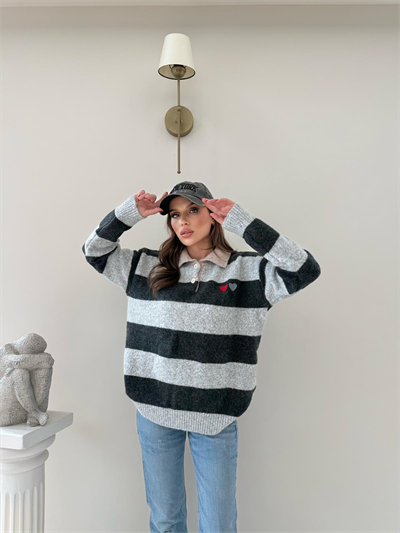 YAKALI KALP NAKIŞ DETAY ÇİZGİLİ SALAŞ KAZAK ANTRASİT 2005