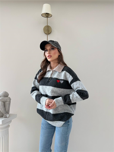 YAKALI KALP NAKIŞ DETAY ÇİZGİLİ SALAŞ KAZAK ANTRASİT 2005