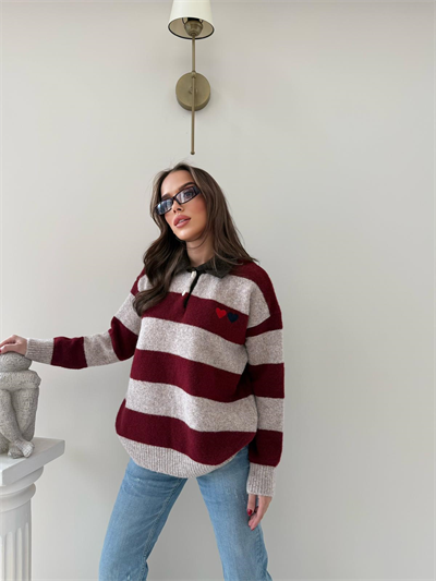 YAKALI KALP NAKIŞ DETAY ÇİZGİLİ SALAŞ KAZAK BORDO 2005