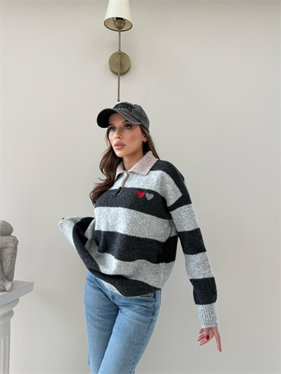 YAKALI KALP NAKIŞ DETAY ÇİZGİLİ SALAŞ KAZAK ANTRASİT 2005