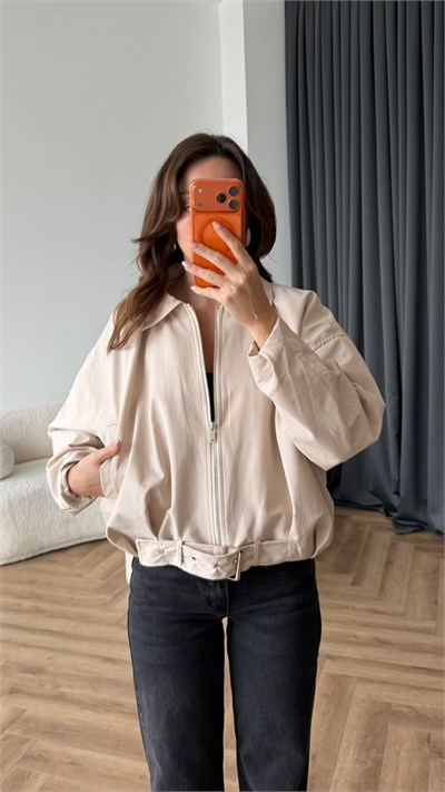 Yakalı Kemer Detay Astarlı Bomber Ceket Bej 2451