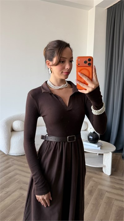Yakalı Kemer Detay Elbise Acı Kahve 2430