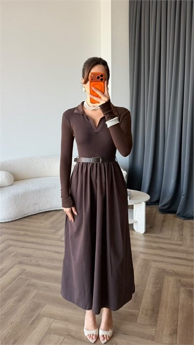 Yakalı Kemer Detay Elbise Acı Kahve 2430