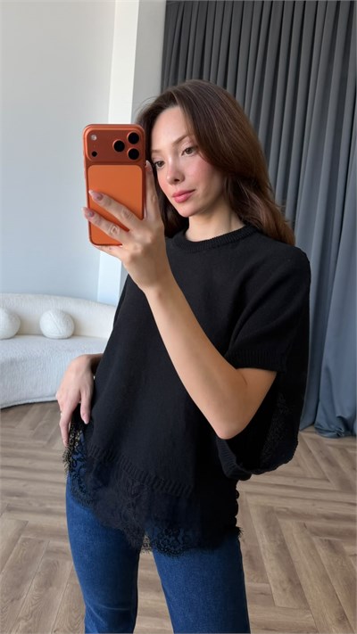 Yarasa Kol Dantel Detay Triko Bluz Siyah 2409