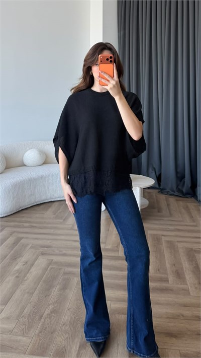 Yarasa Kol Dantel Detay Triko Bluz Siyah 2409