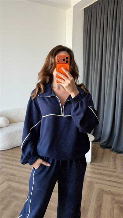 Yarım Fermuar Biye Detay Sweat ve Pantolonlu Modal İkili Takım Lacivert 2431