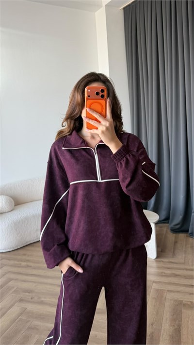 Yarım Fermuar Biye Detay Sweat ve Pantolonlu Modal İkili Takım Mürdüm 2431