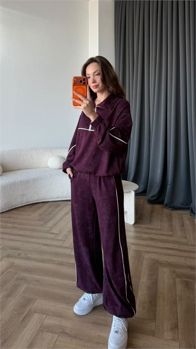 Yarım Fermuar Biye Detay Sweat ve Pantolonlu Modal İkili Takım Mürdüm 2431