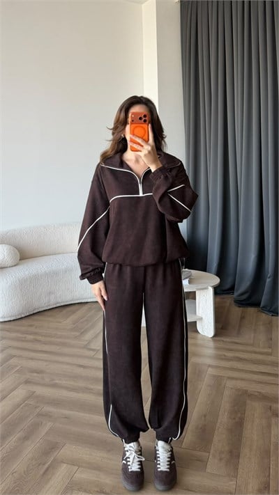 Yarım Fermuar Biye Detay Sweat ve Pantolonlu Modal İkili Takım Acı Kahve 2431