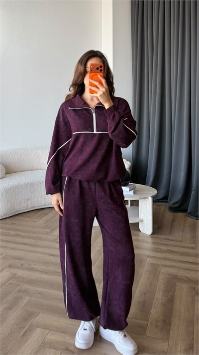 Yarım Fermuar Biye Detay Sweat ve Pantolonlu Modal İkili Takım Mürdüm 2431