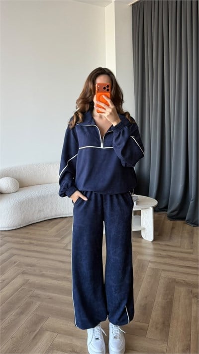 Yarım Fermuar Biye Detay Sweat ve Pantolonlu Modal İkili Takım Lacivert 2431