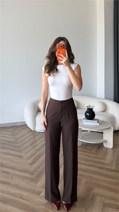 Yarım İspanyol Paça Yüksek Bel Poliviskon Pantolon Kahve 2503