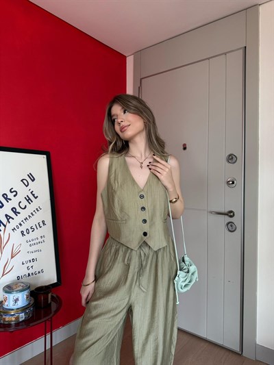 Yelek ve Pantolonlu Çilek Kumaş İkili Takım Haki 2161