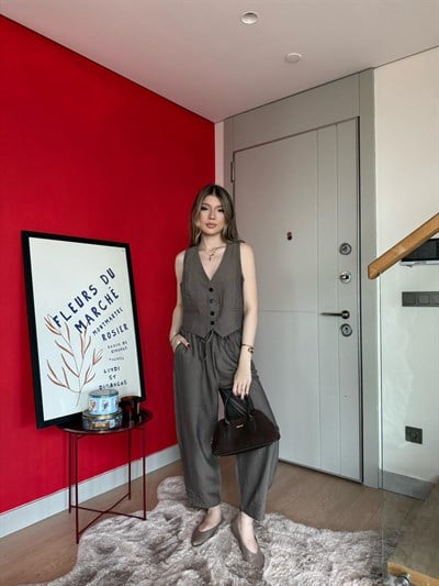 Yelek ve Pantolonlu Çilek Kumaş İkili Takım Kahve 2161