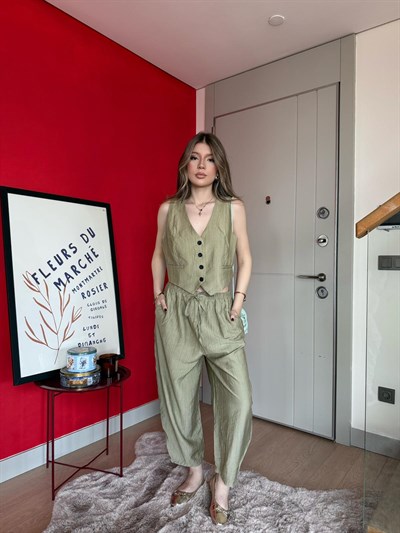 Yelek ve Pantolonlu Çilek Kumaş İkili Takım Haki 2161