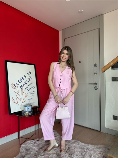 Yelek ve Pantolonlu Çilek Kumaş İkili Takım Pembe 2161