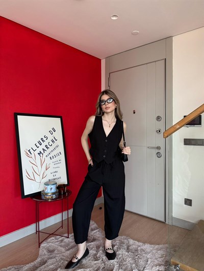 Yelek ve Pantolonlu Çilek Kumaş İkili Takım Siyah 2161