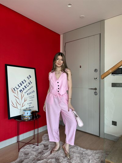 Yelek ve Pantolonlu Çilek Kumaş İkili Takım Pembe 2161