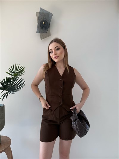 Yelek ve Şortlu İkili Keten Takım Acı Kahve 2373