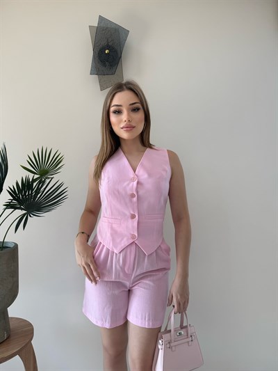 Yelek ve Şortlu İkili Keten Takım Pembe 2373