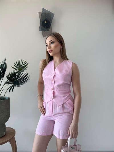 Yelek ve Şortlu İkili Keten Takım Pembe 2373