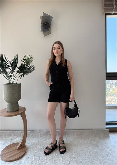 Yelek ve Şortlu İkili Keten Takım Siyah 2373