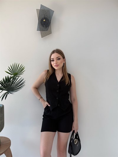 Yelek ve Şortlu İkili Keten Takım Siyah 2373