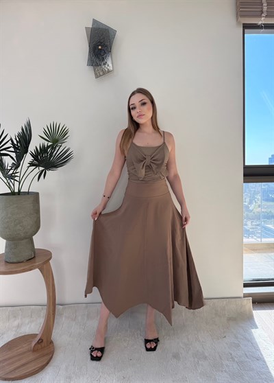 Yüksek Bel Asimetrik Tensel Etek Vizon 2376
