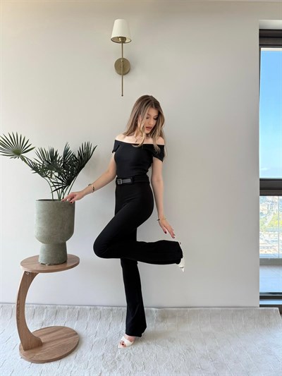 Yüksek Bel İnce Kemer Detay İspanyol Paça Çelik Pantolon Siyah 2233