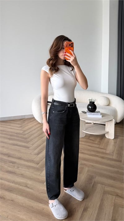 Yüksek Bel Yıkamalı Balon Jean Koyu Mavi 2530